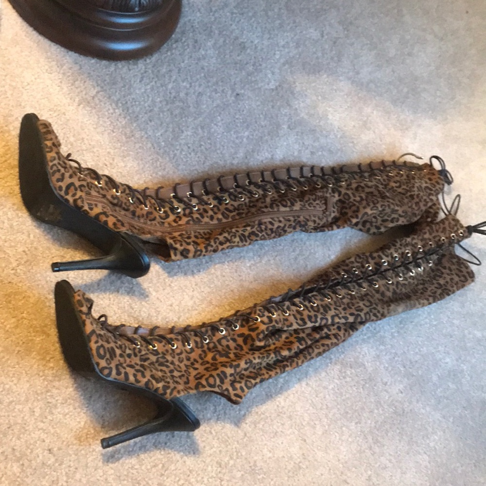 Open toe thigh high cheetah boots